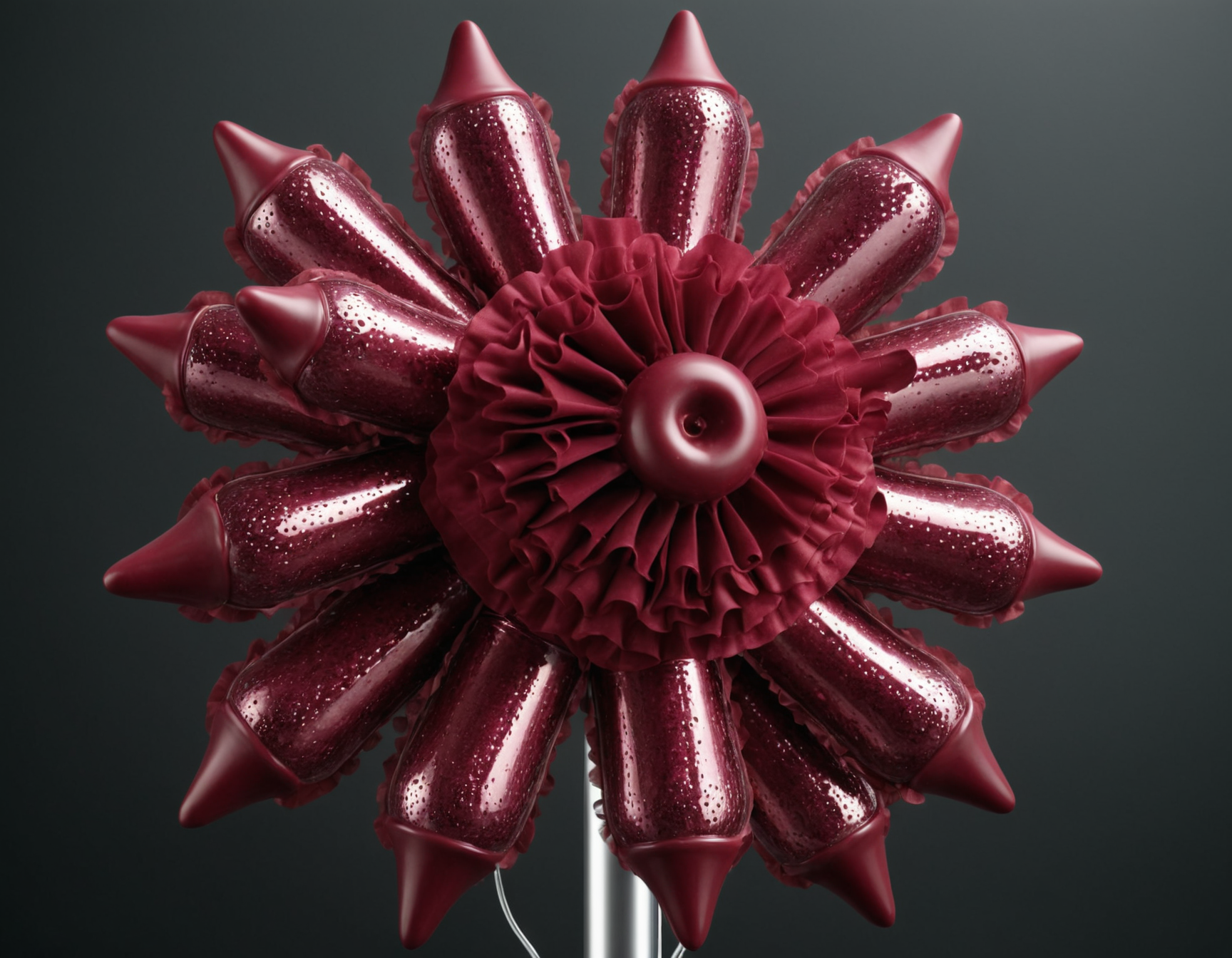 professional 3d model <lora:Cockstarz:0.75> frilly burgundy velvet fabric wrapped around each shaft of a 10-point Cockstarz cluster, sparkling lights, psychedelic disco balls pattern background . octane render, highly detailed, volumetric, dramatic lighting
