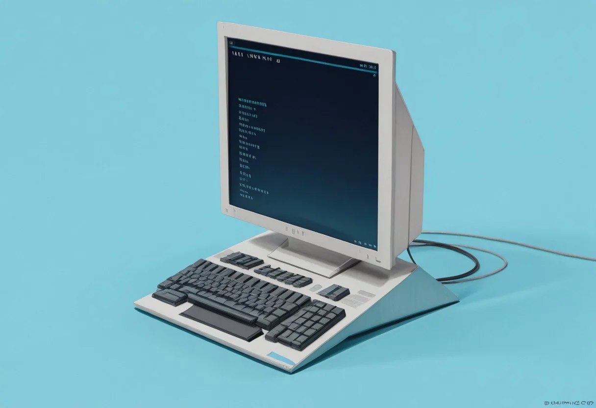 Art_Cad, a computer with a keyboard and mouse on a blue surface, simple background, artist name, twitter username, english text, no humans, shadow, blue background, cable, monitor, still life, screen, 3d, render