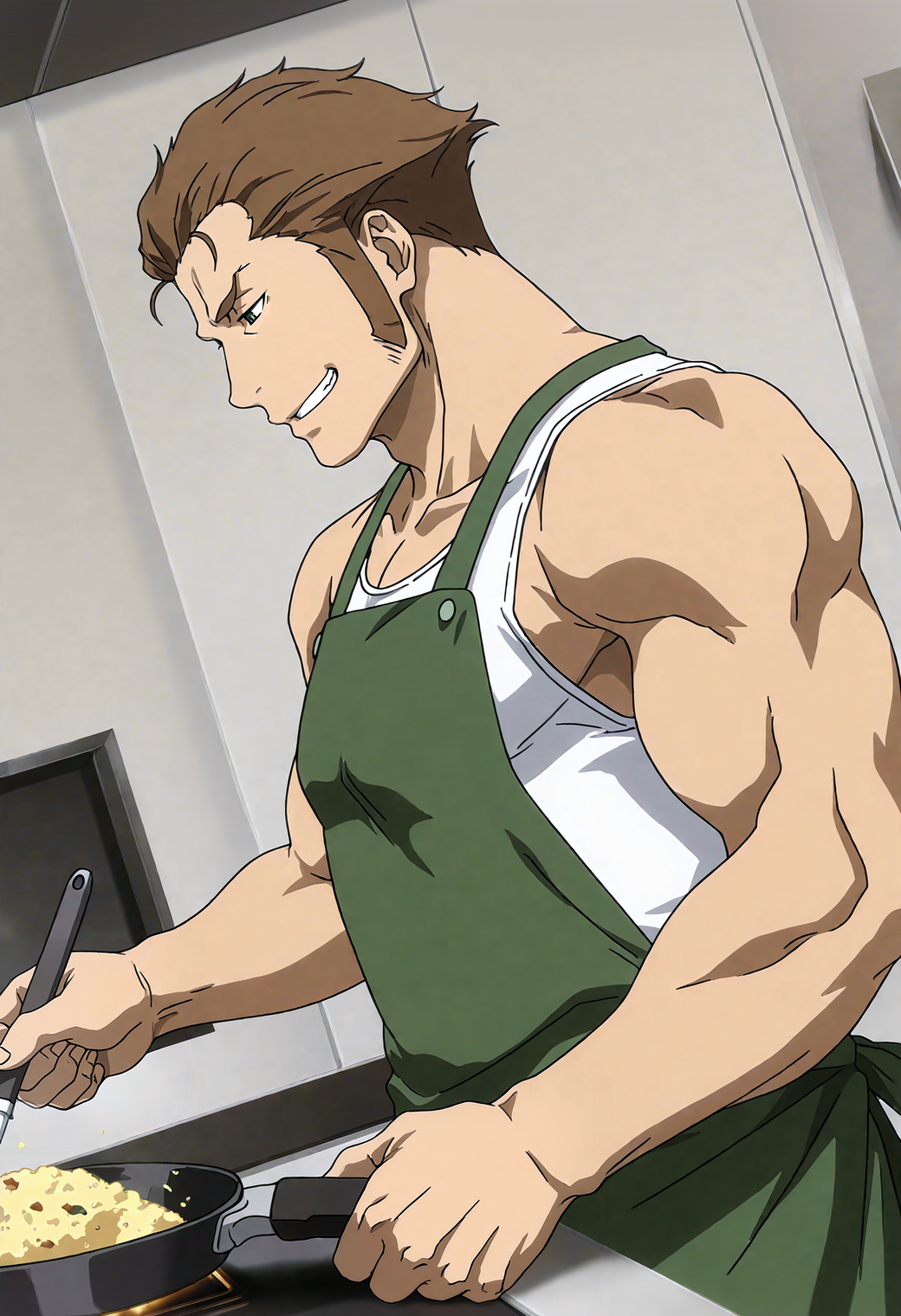 SmoothNoob_Quality,
<lora:Sword__Wilhelm_Ragnvald_Garo_-VANISHING_LINE-:1>,
1boy,s0rud0,brown_s0rud0_hair,blue_s0rud0_eyes,anime coloring,long sideburns,muscular male,bara,
upper body,white tank top,green apron,from side,cooking,fried rice,kitchen,smile,grin,smug,dynamic action,holding frying pan,
dynamic angle,dynamic action