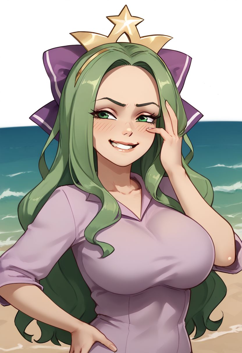 1girl, solo, upper body, long hair, green hair, green eyes, crown, hair bow, purple bow, hair censor, large breasts, hand on hip, hand on own face, smug smile, blush, teeth, lip gloss, beach, ocean, waves, Starbucks Siren