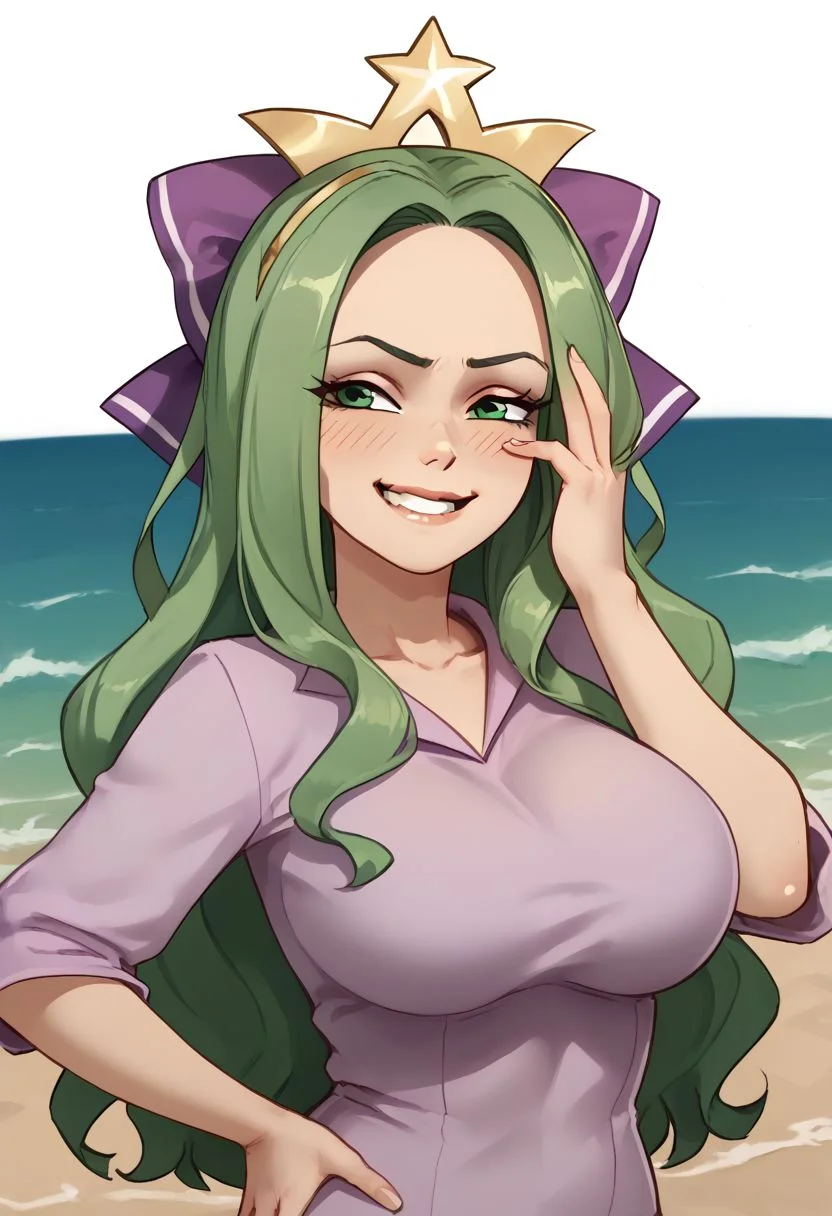 1girl, solo, upper body, long hair, green hair, green eyes, crown, hair bow, purple bow, hair censor, large breasts, hand on hip, hand on own face, smug smile, blush, teeth, lip gloss, beach, ocean, waves, Starbucks Siren