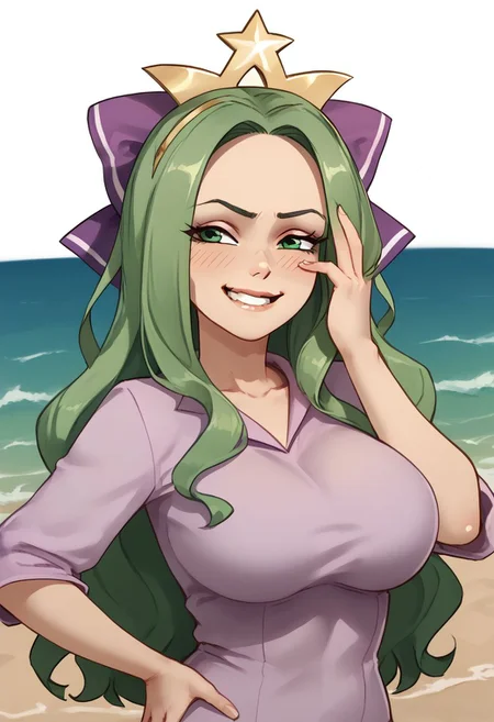 1girl, solo, upper body, long hair, green hair, green eyes, crown, hair bow, purple bow, hair censor, large breasts, hand on hip, hand on own face, smug smile, blush, teeth, lip gloss, beach, ocean, waves, Starbucks Siren