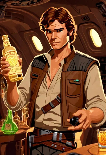 lucasarts style, a drunk Han solo is holding a glowing bottle of tequila in a millennium falcon <lora:lucasarts style:1>