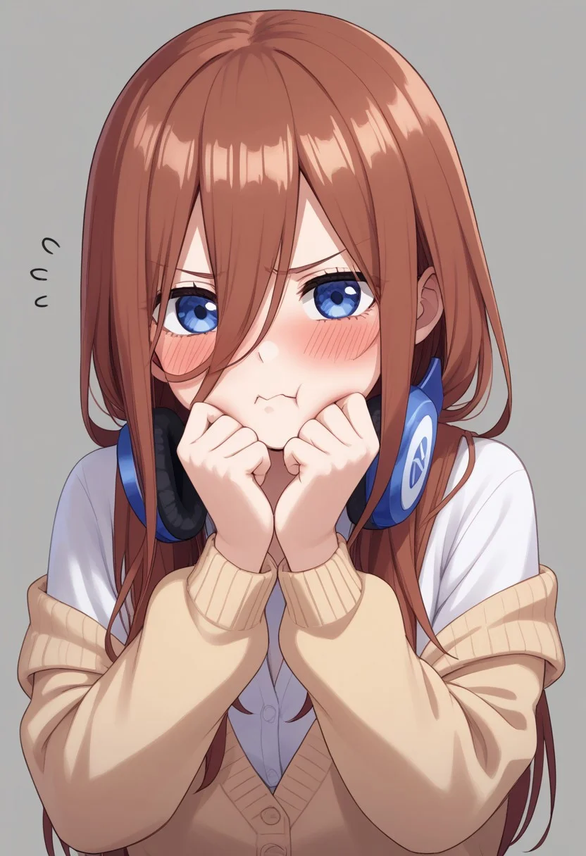 1girl, nakano miku, Go-Toubun no Hanayome, headphones around neck, puffing cheeks, angry expression, slightly blushing, embarrassed look, headphones, solo, pout, hair between eyes, cardigan, long hair, :t, brown hair, blush, shirt, white shirt, simple background, cardigan, drawn in pencil