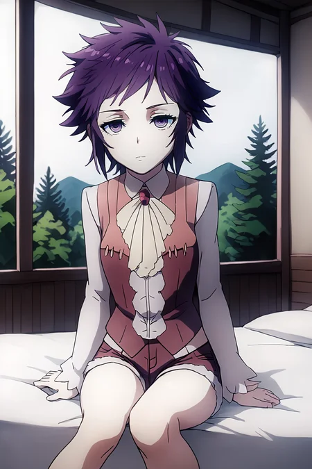 sharp focus, pixiv masterpiece, intricate details, expressionless, source_anime, score_8_up, score_7_up, score_9, looking at viewer,
, highres,, 1girl,solo, remarkable, absurd res, forest, <lora:roadkamelot_PonyXL_0.3:1>, hwroad, cowboy shot, hw-uniform, red denim shorts, inside, sitting on bed,