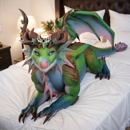 score_9, score_8_up, score_7_up, score_6_up, masterpiece, high quality, realistic, detailed, best quality, 1girl, solo, rating_safe, source_furry, bedroom, smiling, seductive, looking at viewer, lying on bed, lying on bed, full body, merithra_wc, dragon, green scales, wings, horns, tail, claws, female, 1girl, blue eyes, headpiece, pink tip snout, body fins, blue sclera, feral