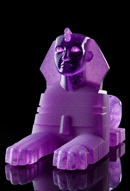 epic photography of A small-scale replica of the Great Sphinx of Giza, exquisitely sculpted from sparkling amethyst crystals, displayed as a museum specimen. The statue captures the majestic lion's body and serene human face, with intricate detailing in the headdress and facial features. The translucent purple hues of the amethyst reflect soft, focused lighting, creating a dazzling interplay of light and shadow. Set against a solid black background, the composition is clean and professional, resembling a high-quality museum catalog photograph, emphasizing the grandeur and mystery of this iconic monument.
