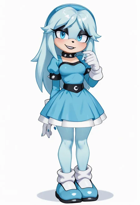 score_9, score_8_up, score_7_up, score_6_up, g0thicPXL, 1girl, 1girl, solo, goth girl, maria_robotnik, sonic_(series), hedgehog_girl, eyeliner, eyeshadow, blue eyes, long blond spikes, blue_hairband, black lips, seductive smile, pretty face, spiked collar, white_gloves, blue_dress, medium skirt, shoes, blue_footwear, sexy pose, smile, grin, cute, sexy pose, lewd expression, wide hips, medium breasts, standing, biting one of her nails.