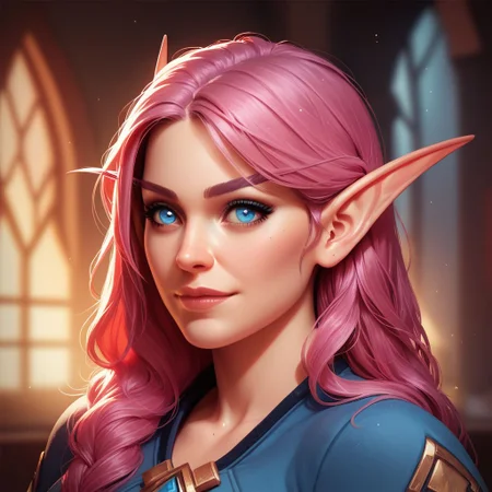 score_9, score_8_up, 8, score_7_up, score_6_up, (dynamic lighting:1.1), ((masterpiece)), solo, portrait, 
(((beautiful, hyper realistic, high quality))), portrait, score_9, score_8_up, score_7_up, 
Elf, Pointed ears, Long eyebrows, 1girl, pink hair, blue eyes, cute clothes,
fantasy background, blurred background