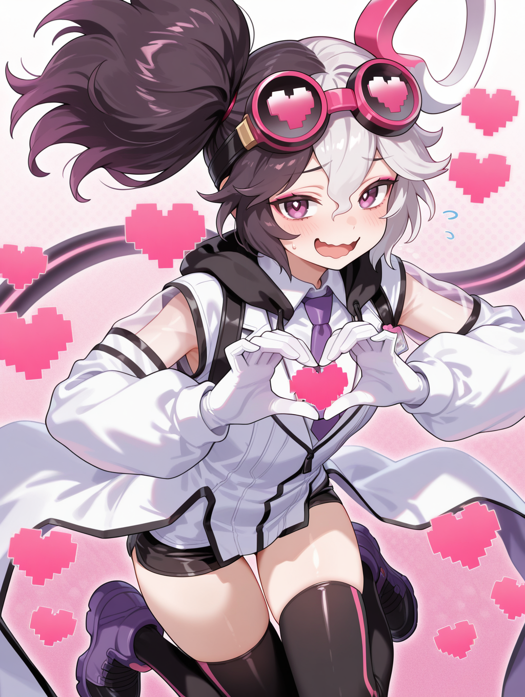 vanquish soul dr. mad love,1girl,solo,pixel heart,open mouth,looking at viewer,purple sneakers,smile,white hair ornament,goggles on head,white collared shirt,white labcoat,purple necktie,single white glove,black short shorts,black thighhighs,heart hands,wavy mouth,flying sweatdrops,
masterpiece,best quality,amazing quality,very aesthetic,absurdres,newest,<lora:Vanquish Soul Dr. Mad Love illusXL v1.1:0.72>,