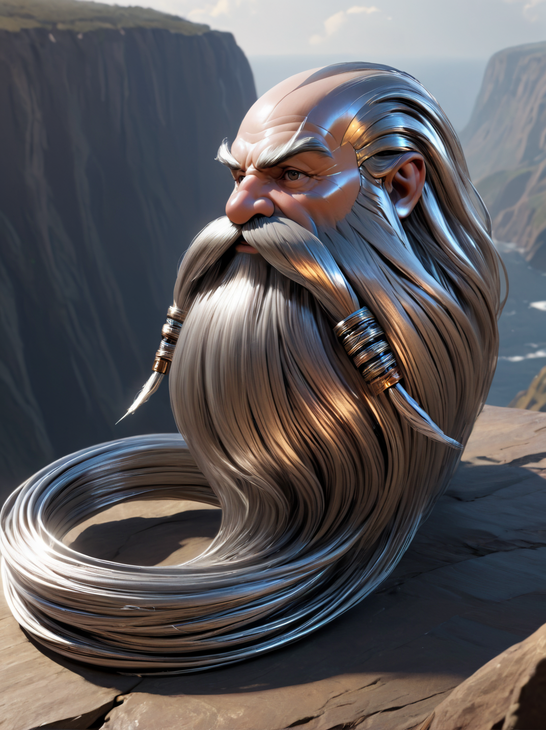 cybernetic robot  ultra detailed, masterpiece,  Harry_Dwarf,  dwarf-like, flowing long Silver beard, twirly moustache,bald, bangles, <lora:Harry_Dwarf_1.5:1>, back lighting, beautiful lighting, on a cliff, android, AI, machine, metal, wires, tech, futuristic, highly detailed