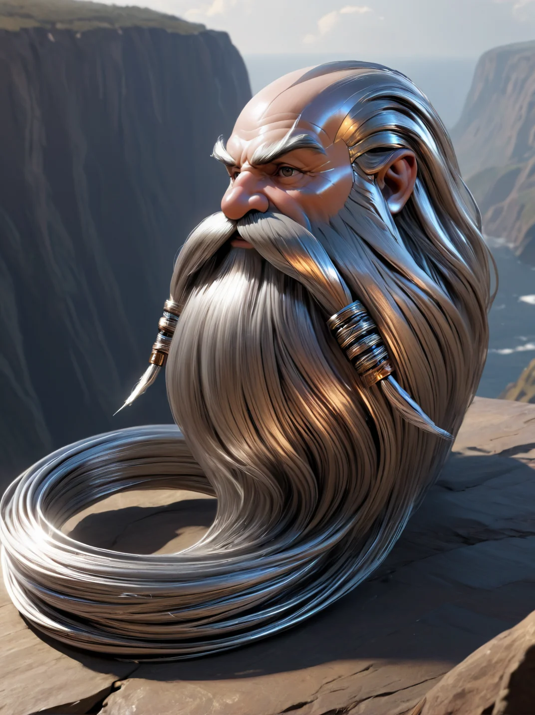 cybernetic robot ultra detailed, masterpiece, Harry_Dwarf, dwarf-like, flowing long Silver beard, twirly moustache,bald, bangles, <lora:Harry_Dwarf_1.5:1>, back lighting, beautiful lighting, on a cliff, android, AI, machine, metal, wires, tech, futuristic, highly detailed