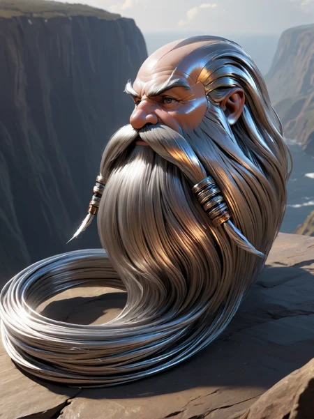 cybernetic robot ultra detailed, masterpiece, Harry_Dwarf, dwarf-like, flowing long Silver beard, twirly moustache,bald, bangles, <lora:Harry_Dwarf_1.5:1>, back lighting, beautiful lighting, on a cliff, android, AI, machine, metal, wires, tech, futuristic, highly detailed