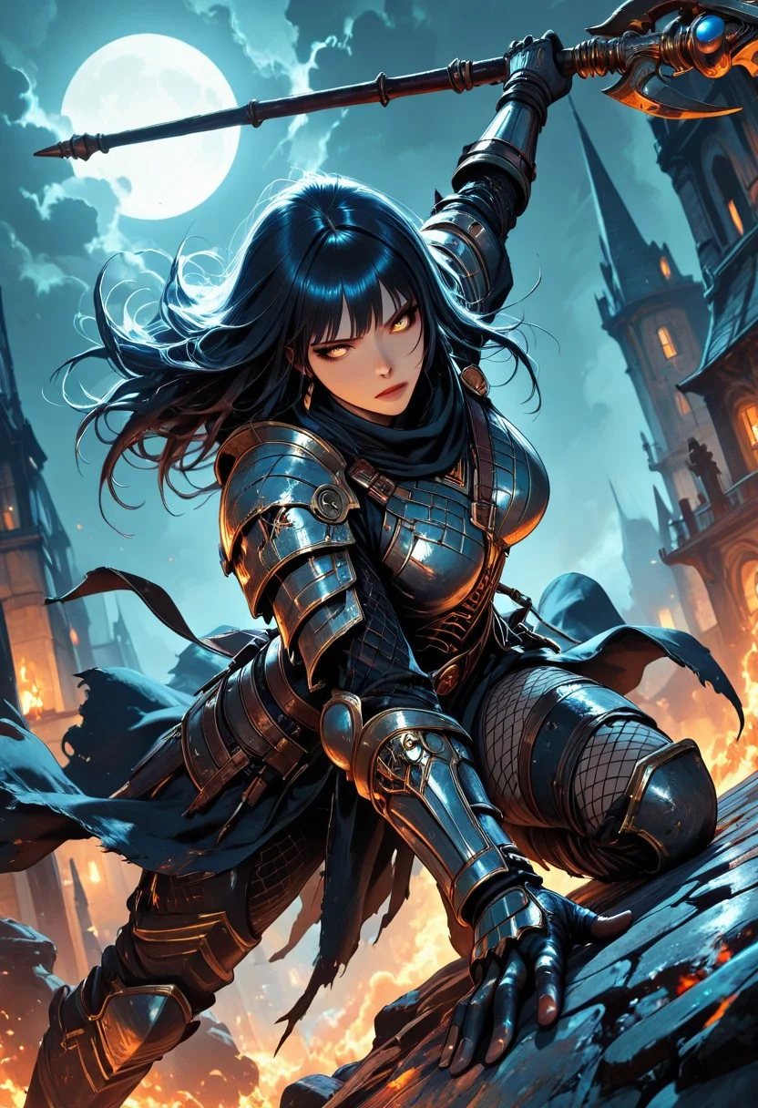 (masterpiece), (best quality), (8k),
1girl, beautiful, breasts, battle scarred, damaged armor, fishnets under armor, bangs, long hair, plated armour, holding staff, battle stance, dynamic angle, ancient fantasy city, battle-ready stance, dynamic pose, at night, moonlight, riding a nimbus cloud, nimbus, wukong theme, directional lighting, viewed from above,