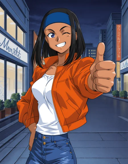 <lora:viper-gtb-000015:1> 1girl, m4k07o, headband, orange jacket, white shirt, jeans
solo, thumbs up, looking at viewer, grin, wink, sidewalk, city, upper body, night