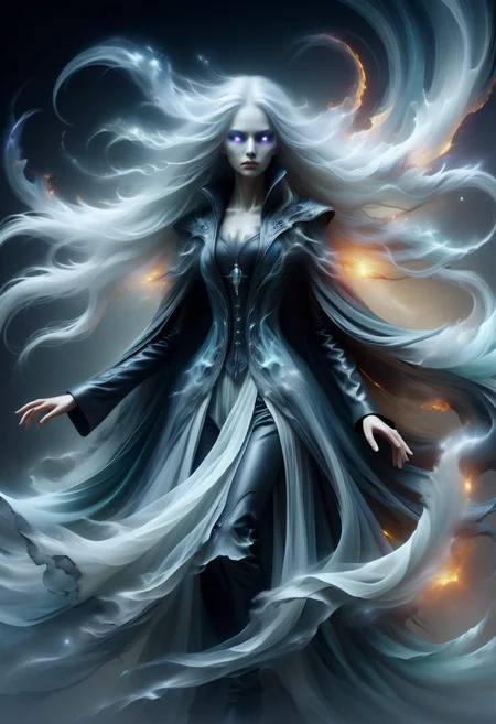 hyper detailed masterpiece, dynamic realistic digital art, awesome quality, transluscent ethereal otherworldly unnatural nebulous incorporeal phantasmal nebulous vaporous phantasmal ghostly soul specter, long flowing silver hair,pale white lucid skin, fantasy, grayish tattered gown, hands with claws,dim eyes, mourning expression,eerie, stygical, floating, gliding, omen of death, electric grid texture electroluminescent silk citrine augmented leather harem pants, plasma blazer, tech-mesh trucker hat, , dissolving into mist, screaming in agony <lora:DonMB4nsh33XL-v1.1-000004:0.8>
