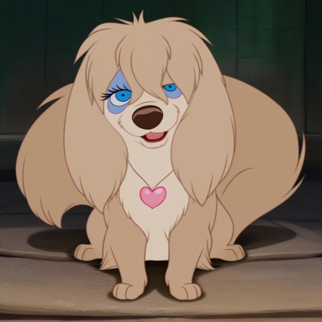 PegLTT, furry, feral, canine, tan body, tan fur, tan hair, light-blue eyeshadow, blue eyes, black pupils, brown nose, hair over one eye, tail, full body, happy, female, (((looking at viewer))), (((front-view))), smug, (((eyelashes))), (((girly))), (((flirty))), slightly open mouth, (((no neckwear except pink heart necklace))), solo, happy, smiling, feral, quadruped, (((full-body view))), (((sitting in place))), friendly, four paws, (((half-open eyes))), (((open mouth))), cute, sweet, solo, large expressive eyes, detailed fur
