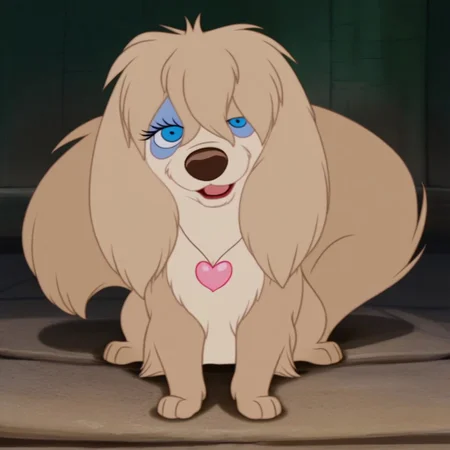 PegLTT, furry, feral, canine, tan body, tan fur, tan hair, light-blue eyeshadow, blue eyes, black pupils, brown nose, hair over one eye, tail, full body, happy, female, (((looking at viewer))), (((front-view))), smug, (((eyelashes))), (((girly))), (((flirty))), slightly open mouth, (((no neckwear except pink heart necklace))), solo, happy, smiling, feral, quadruped, (((full-body view))), (((sitting in place))), friendly, four paws, (((half-open eyes))), (((open mouth))), cute, sweet, solo, large expressive eyes, detailed fur