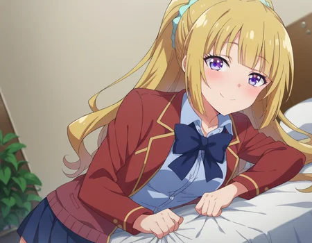 score_9, score_8_up, score_7_up, source_anime,
keikaruizawa, <lora:kei-karuizawa-anime-s2-ponyxl-lora-nochekaiser:1>,
kei karuizawa, long hair, bangs, blunt bangs, purple eyes, blonde hair, shirt, hair ornament, ponytail, scrunchie, blue scrunchie, smile,
skirt, shirt, bow, school uniform, jacket, red jacket, pleated skirt, bowtie, sweater, blue bow, blue shirt,
indoors, bed, bed room, on side, blush, drunk,
looking at viewer, cowboy shot, dutch angle,