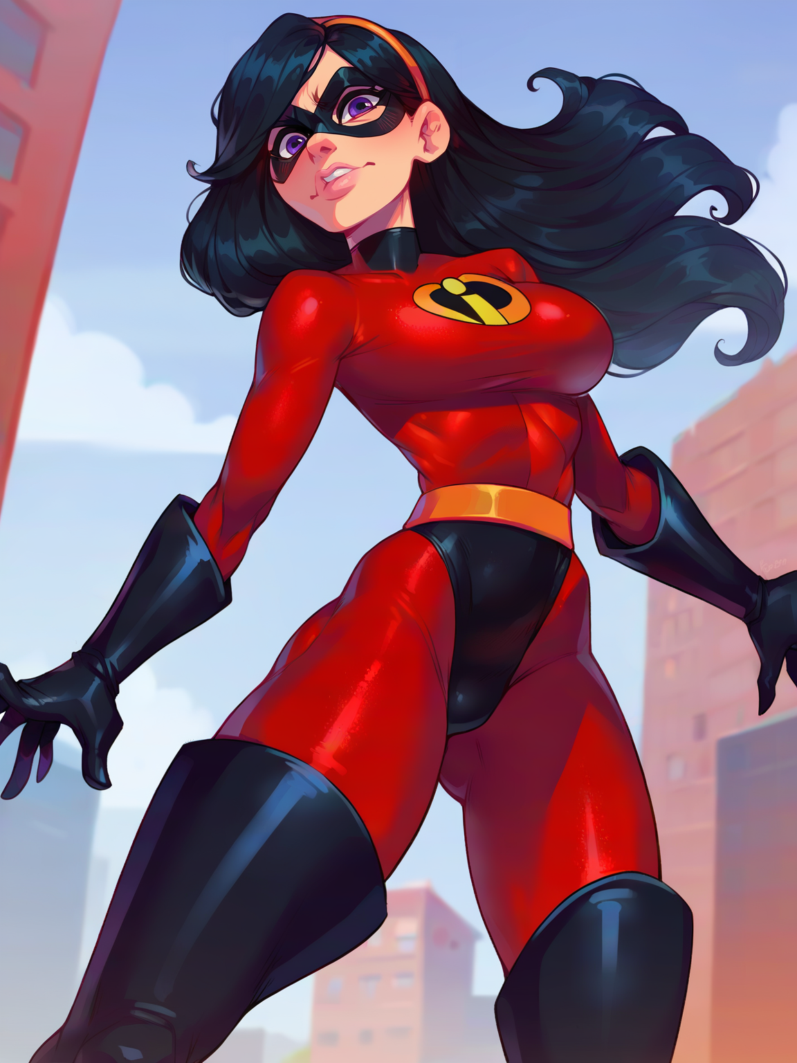<lora:Violet Parr:0.4> vio_p, 1girl, slender body, fair skin, pink lips, bluish-purple eyes, long straight hair, black hair, supersuit, black eye mask, orange headband, red unitard,  orange belt, black gloves, black bottoms, thigh-high black boots,
 <lora:DJCompsLycoXL:0.9> large breasts, looking at viewer, score_9, score_8_up, score_7_up,