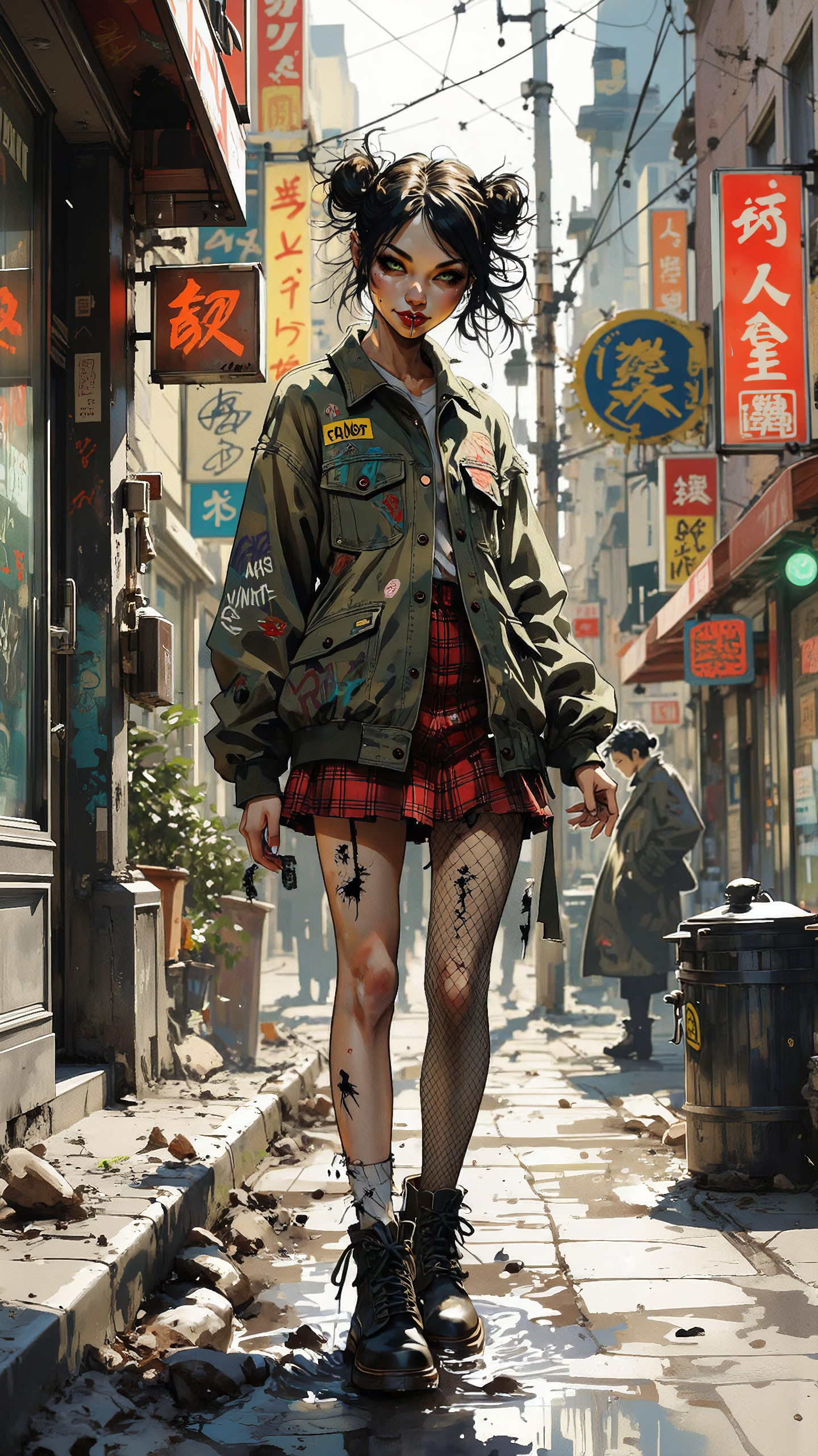 in C0MICZ2, dinkwfsn style, dismrt style, a ink wash painting, high-resolution anime-style illustration, bold pop-art influences, mischievous woman with messy, choppy black hair in uneven twin buns, sharpgreen eyes, playful smirk revealing a fang, oversized ripped jacket covered in graffiti tags, short plaid skirt with torn fishnets, heavy combat boots stomping through a puddle, vibrant city alley with flickering neon signs, grunge textures, rough brushstrokes blending with vivid anime shading, chaotic and rebellious yet playful atmosphere <lora:Anime_Art_V3:0.8> <lora:Mystic-Fusion_v10:1.0> <lora:stylized_comic_000002000:0.4>
