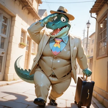 best quality, amazing quality, very aesthetic, absurdres, newest, high quality, masterpiece BREAK GranaG4tor, 1boy, alligator, furry male, scales:1.2, male focus, black eyes, (chubby:1.2), belly, no humans, colorful tie, sharp teeth, hot weather, sweating, short:1.2, outdoors, fedora, formal, vest, suit, black eyes, tail, moobs, big hips, thighs, claws, dutch angle, one hand wiping forehead with a cloth rag:1.3, one hand a holding suitcase, walking down the street <lora:Granada_Gator_TV_Commercial:.85> <lora:NOOB_vp1_detailer_by_volnovik_v1:1>
