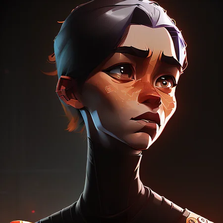 arcane style; brutalism full body portrait of a hale, small-boned, Sleepy Libertarian woman, Intricate, closed mouth, with short brown hair wearing turtleneck shirt , digital art, trending on artstation, highly detailed, fine detail, intricate, outrun, vaporware