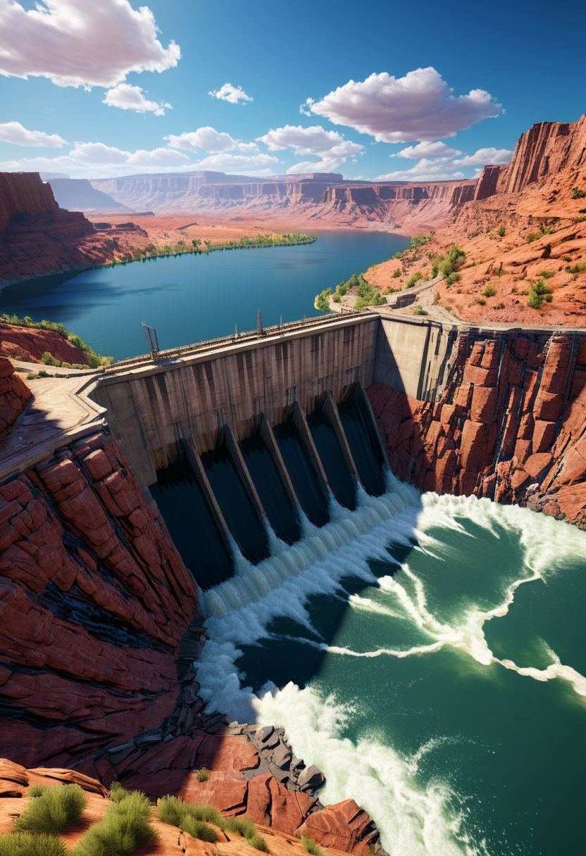 extremely detailed, landscape of a dam, lake ,in canyon, sunny weather, some cloud, unreal engine 5, perfect composition, vibrant, rtx, hbao, sharp, expanded view, dam view