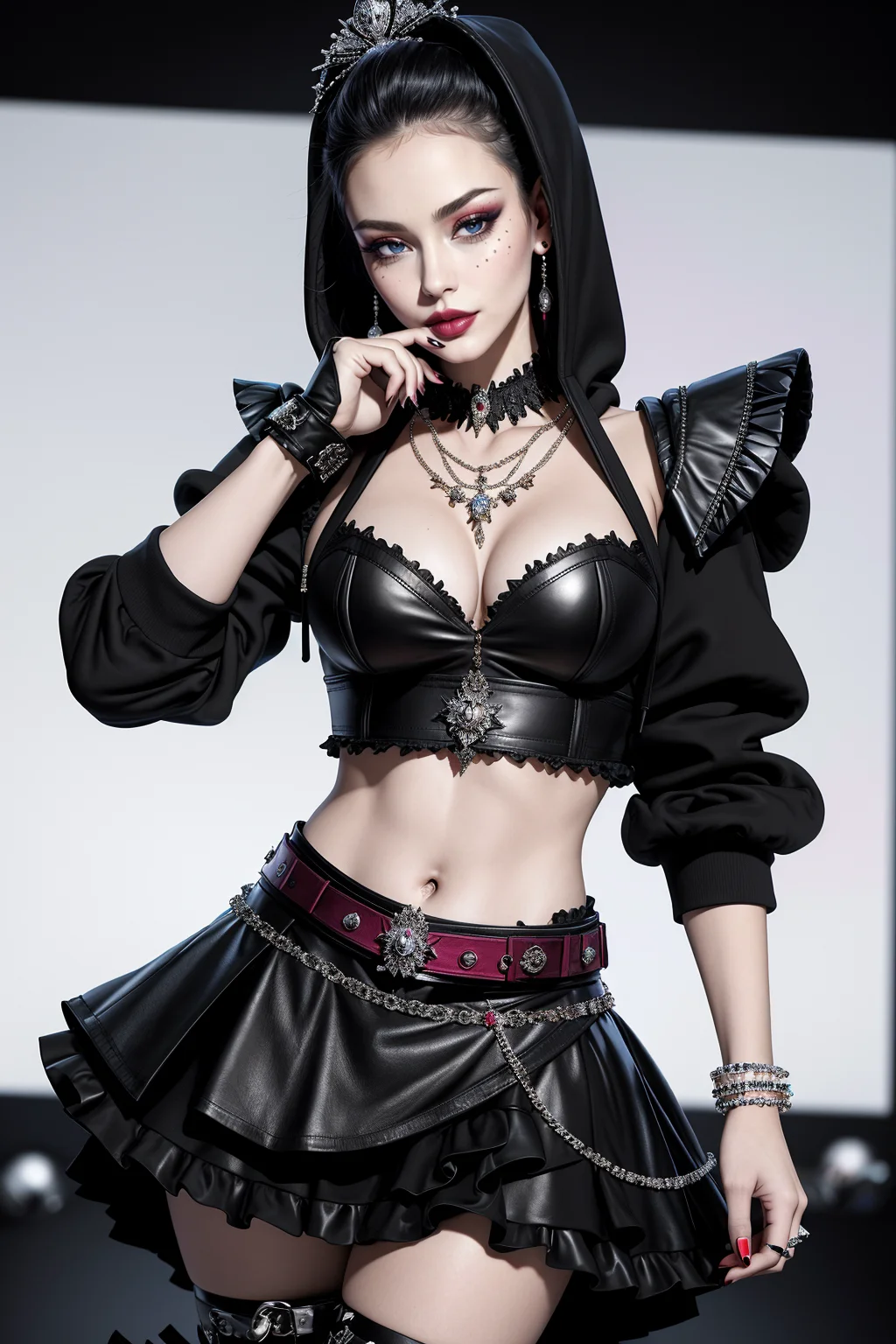 ((Masterpiece, best quality,edgQuality)),smirk,smug,
((hoodie)),edgTM,wearing edgTM_style fashion, eccentric clothing,
a woman in a dress and a pearl necklace on a stage,(crop top,frilly skirt,leather belt)
<lora:edgMuglerHoodies:1>