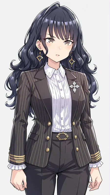 1girl,kashimoto riko \(umamusume\),black hair,ahoge,earrings,jewelry,long hair,shirt,pants,suit,white shirt,very long hair,<lora:kashimoto_riko:0.8>,cowboy shot,