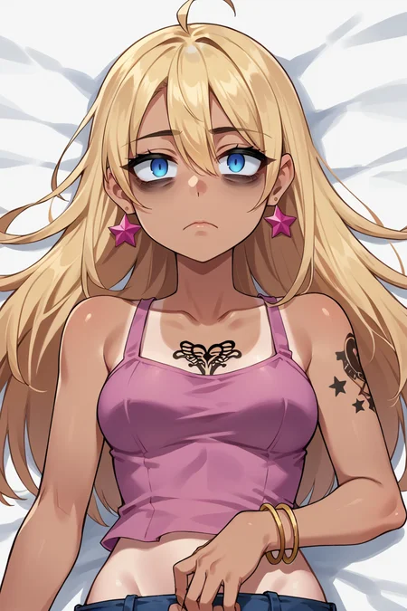score_9, score_8_up, score_7_up, score_6_up, source_anime BREAK 1girl, girl and dog,  <lora:yoshidasaki-pdxl-nvwls-v1-000006:1> altSaki, blue eyes, blonde hair, long hair, star earrings, tan, pink tank top, midriff, denim shorts, bracelet, tattoo, empty eyes, blank eyes, tired, lying on back, looking at viewer, from above, upper body, simple background, white background, closed eyes, very tired, bags under eyes