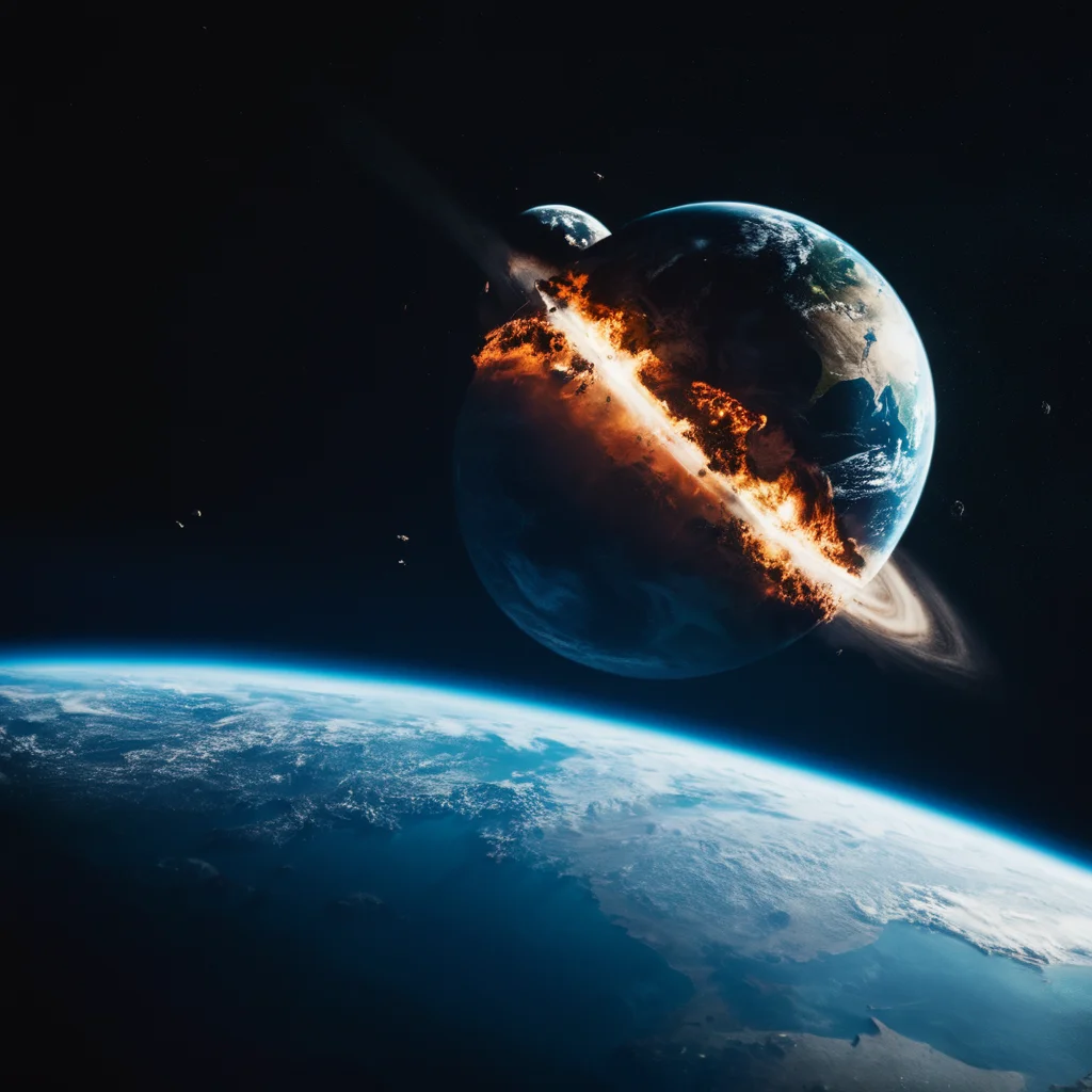 cinematic film still of <lora:collision style:1>
A collision of a view of the earth from space with a black background,no humans,scenery,realistic,space,planet,earth (planet) , impact, crash, explosion, destruction, strike, wreck, smash, planet, outer-space, galaxy, cinematic, film, different color, real, collision style, shallow depth of field, vignette, highly detailed, high budget, bokeh, cinemascope, moody, epic, gorgeous, film grain, grainy