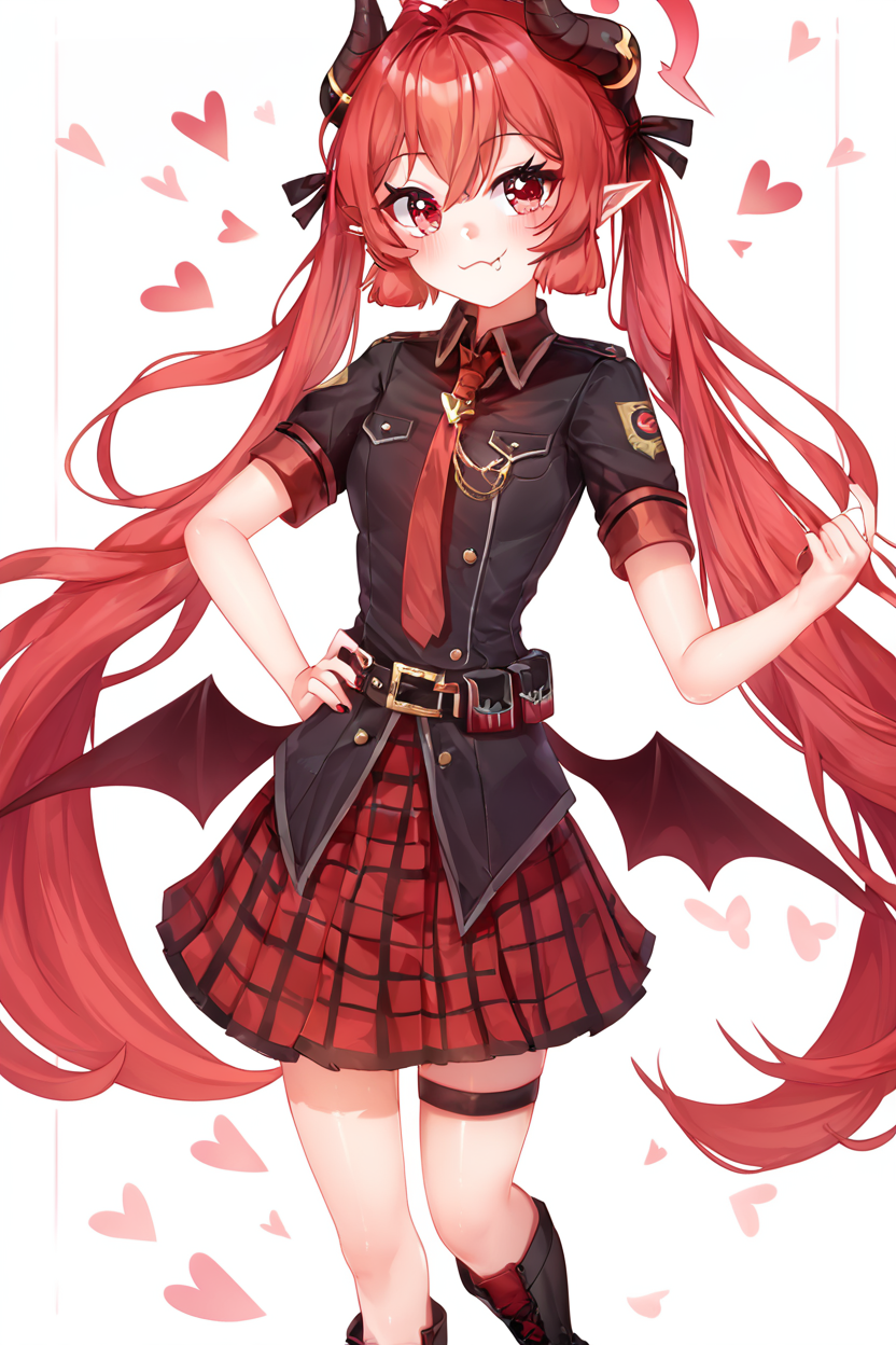 score_9, score_8_up, score_8, medium breasts, (curvy), cute, eyelashes,       BREAK, , ,,, zzJunko, red eyes, red hair,  red halo, horns, long hair, twintails, halo, demon horns, pointy ears, wings, hair between eyes, demon wings, very long hair, black horns, low wings,  ribbon black shirt, pleated skirt, red skirt, short sleeves, plaid skirt, red necktie, thigh strap, belt, fang, black footwear, boots, <lora:Junko_BlueArchive_PDXL:0.8>,   ,,,, BREAK, smile, closed mouth, looking at viewer, cowboy shot, ,,, embedding:zPDXL, Expressiveh, ,,, <lora:Puppypaww_Style_PDXL_v2:0.8>, <lora:SDXLFaeTastic2400:0.5>, <lora:Expressive_H-000001:0.4>,