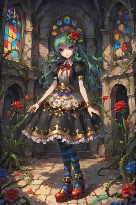 score_9, score_8_up, score_7_up, source anime, BREAK, <lora:Tora:0.80> , tordef, 1girl, solo, long hair, green hair, colored sclera, black sclera, blue eyes, flower, hair flower, hair ornament, red ribbon, neck ribbon, bib collar, black dress, frilled dress, gold trim, juliet sleeves, yellow armlet, spiked armlet, yellow belt, striped thighhighs, horizontal-striped thighhighs, yellow anklet, spiked anklet, high heels, plant, rose, thorns, vines, full body, looking at viewer, scenery, exterior, <lora:backgroundsetXL:0.2> , background, (solo), smile, <lora:hand 4:0.55> , Hand, hands, perfect hands, <lora:cr33pp41ntXLP:0.7> , cr33pp41nt, <lora:churchXLP:0.2> , stained glass, church, arch,