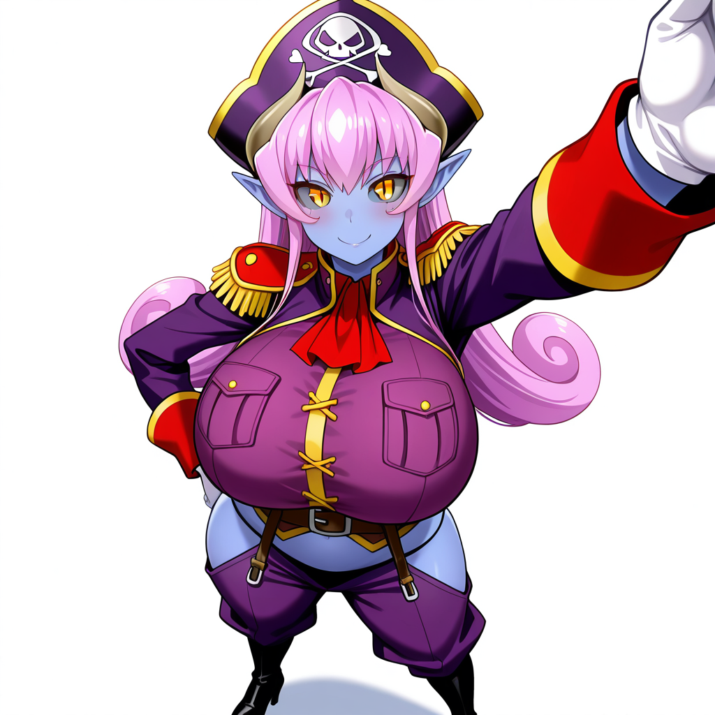 best quality, amazing quality, absurdres, uncensored, detailed eyes, perfect eyes, extremely detailed CG, extremely detailed face, perfect face, detailed Lora, anime, masterpiece, beautiful eyes, beautiful face, high resolution, distinct image, 4k, 8k, high resolution, high, super, hyper, distinct image, beautiful eyes and detailed face BREAK  <lora:Aku_no_Onna_Kanbu_-_Ephanatica:1>Ew_Ephanatica, 1girl, solo, blue skin, colored skin, huge breasts, yellow eyes, slit pupils, grey sclera, colored sclera, pink hair, long hair, pointy ears, horns, pirate hat, white gloves, belt, pocket, ascot, epaulettes, purple military uniform, black panties, underwear, hip vent, high heel boots, black footwear, from above, selfie, reaching, smile, double v