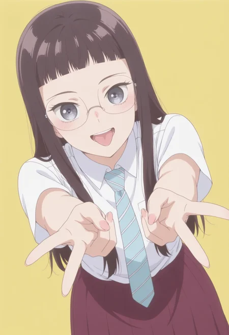 anime screencap, anime coloring, <lora:DX888RikaIL:1> sonezaki rika, grey eyes, black hair, long hair , hair down, short bangs, BREAK simple background, yellow background,  BREAK  glasses, school uniforme, white shirt, striped necktie, skirt,  BREAK     1girl, :d, cowboy shot, double gyaru v, gyaru v, looking at viewer, open mouth, smile, solo, standing, tongue out, (dutch angle:1.2), bent over,