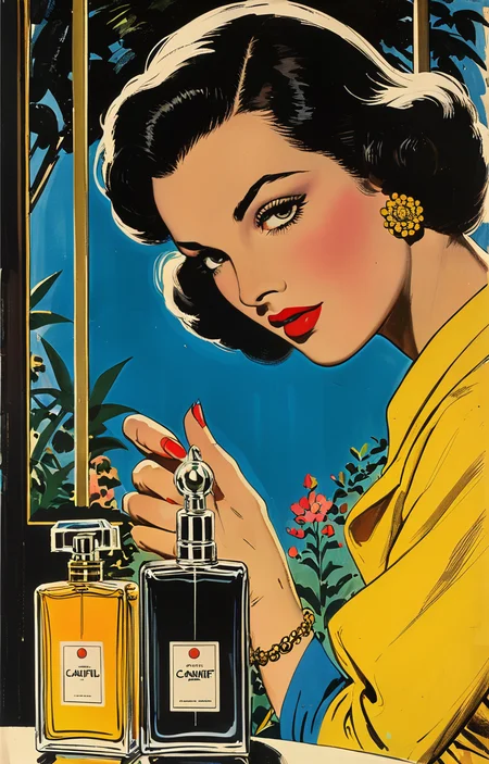 masterpiece,best quality,<lora:tbh369-sdxl:0.6>,illustration,style of Milton Caniff A bottle of perfume in garden