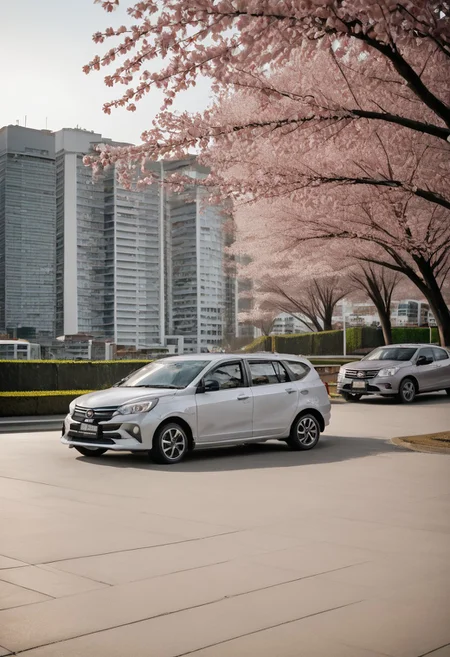 high resolution, best quality, Car, Daihatsu Sigra, City park, cherry blossoms, springtime,