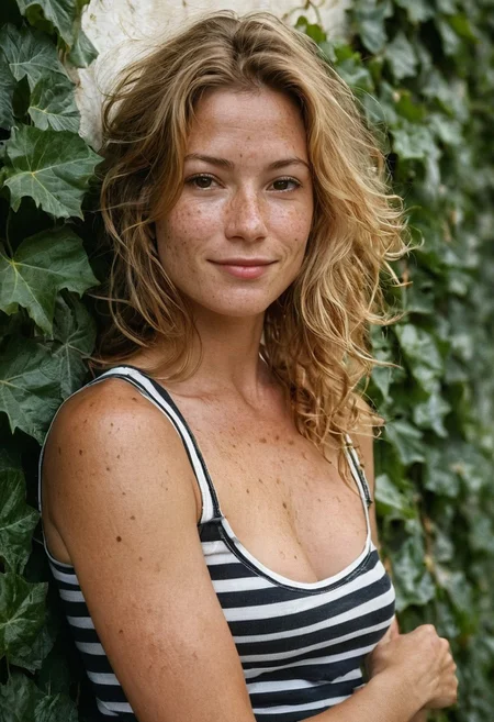 Stunning photo of a 41 years old Dutch woman, sideview, selfie, striped t-shirt, leather pants, very pretty, fit, skinny, highly detailed face, highly detailed skin, freckles, many freckles on arms and tits, freckles and moles all over body, natural breasts, perfect breasts, hard nipples, Rounded ass, blonde hair, pubic hair, messy hair, medium hair, brown eyes, highly detailed skin, highly detailed face, shy smile, very much in love with viewer, gentle morning light touching her cheeks, foggy, against an old ivy covered wall, ultra realistic, extremely detailed, 35mm, film grain, masterpiece, sharp focus, shot on Kodak, lens flare, cinematic, (ultra high res: 1.2), (photo-realistic: 1.3) (skin pores: 1.1)