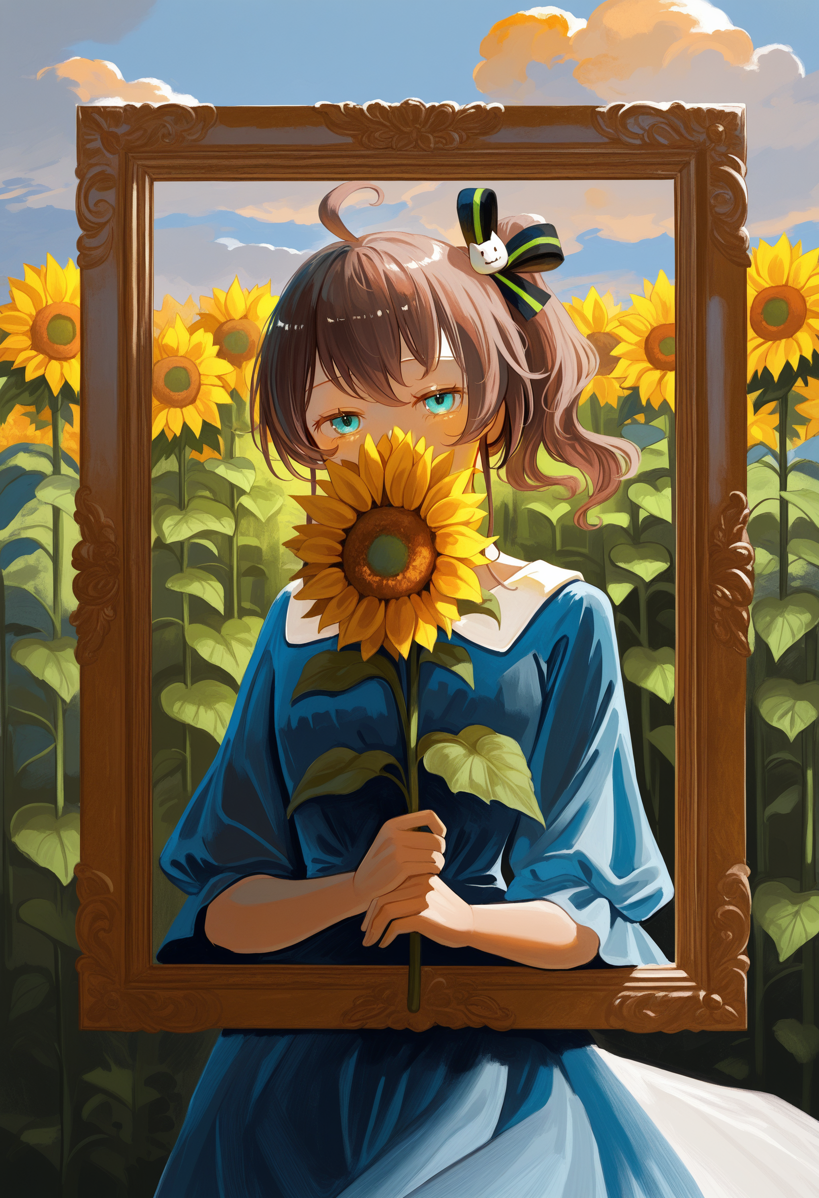 painterly, natsuiro matsuri, artist:[fjsmu|cqtlatte|sawararado|cursedweeboo|daodtt|diao \(nrays\)|ravine bells],
sunflower, 1girl, aqua eyes, blue dress, blending, holding flower, looking at viewer, outdoors, field, whorled clouds, picture frame, through medium, upper body, 
newest, impasto, brushstroke, impressionism, chiaroscuro, oil painting \(medium\), newest, absurdres, masterpiece, very aesthetic