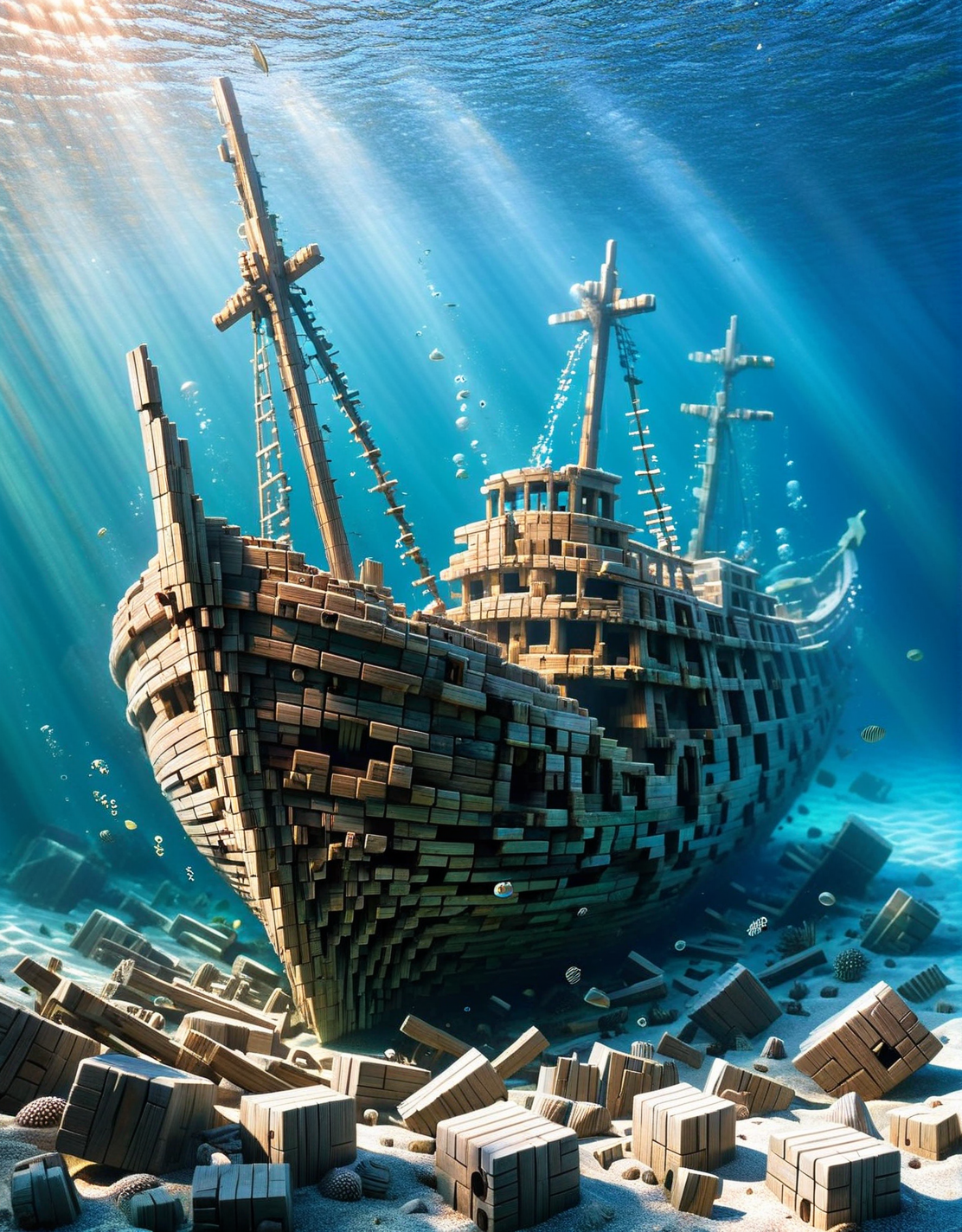 An ais-wdnblcks underwater shipwreck, sunlight filtering through, creating patterns on the barnacle-covered hull <lora:ais-wdnblcks-sdxl:1>