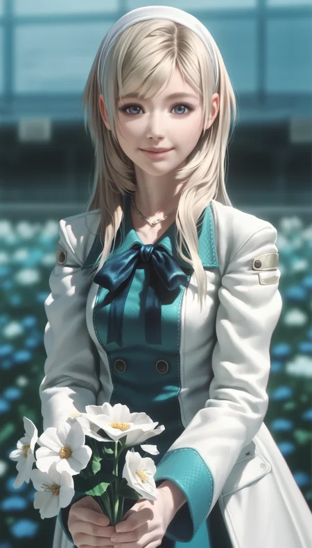 score_9,score_8_up,score_7_up,
<lora:Leanne:1>,
highres,photorealism,
1girl,solo,blonde hair,long hair,bangs,white hairband,dark blue neck ribbon,blue eyes,looking at viewer,smile,parted lips,white coat with teal accents,necklace,portrait,holding flower,
outdoors,flowers in background,blurry background,bloom,
