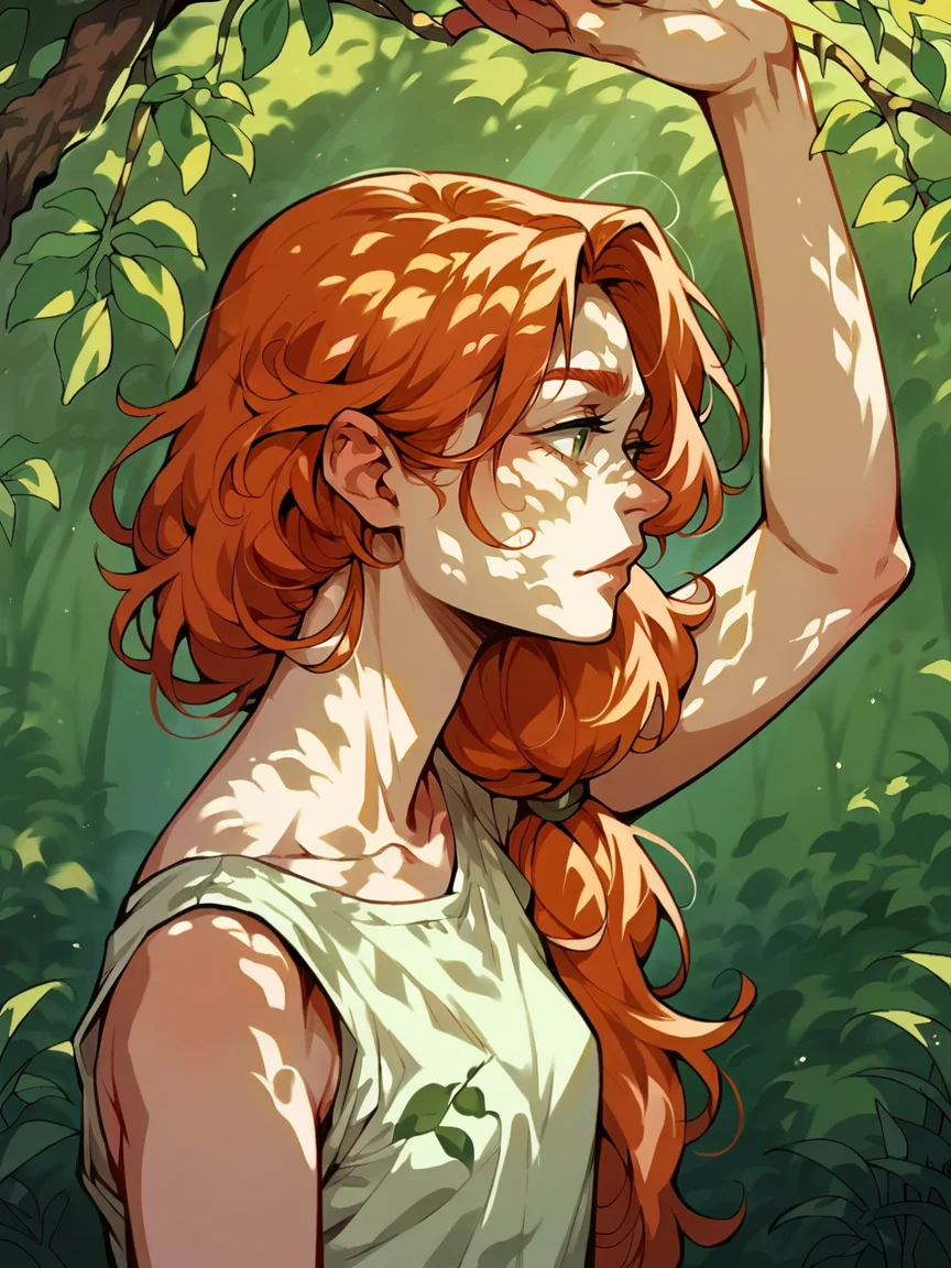 score_9, score_8_up, score_7_up, score_6_up, score_5_up, <lora:dappledlightXLP:1> dappled light, dappled sunlight, forest, 1girl, ginger hair