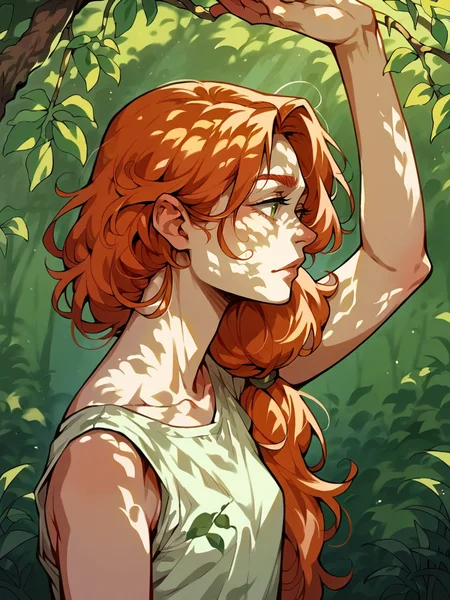 score_9, score_8_up, score_7_up, score_6_up, score_5_up, <lora:dappledlightXLP:1> dappled light, dappled sunlight, forest, 1girl, ginger hair