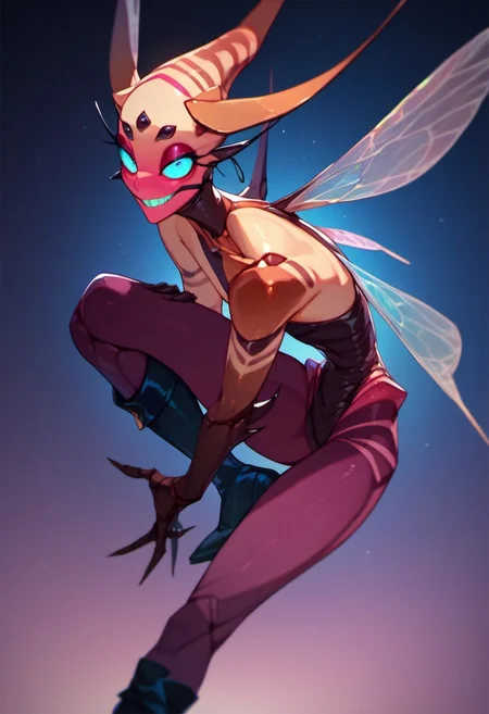 score_9, score_8_up, score_7_up, score_6_up, dark faerie, flying at night, beautiful face, heavy black boots, highly detailed, insect wings, monster boy, perfect eyes looking at viewer, cyan and magenta, colored skin,