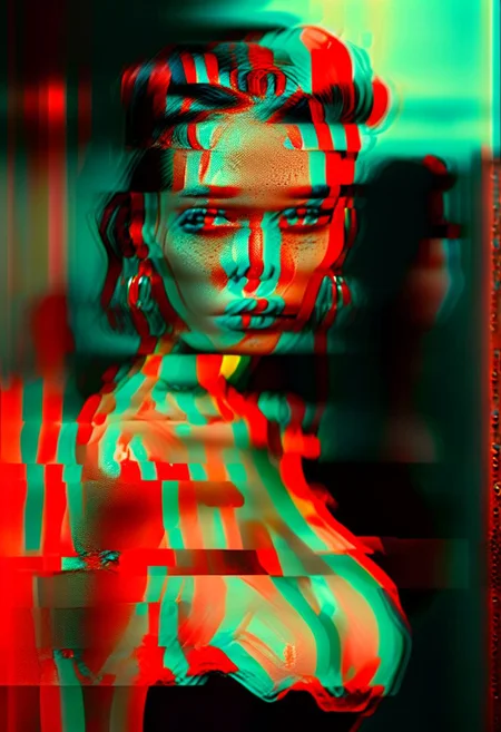 (real life, 1girl, 1950s pinup, seductively  looking at the viewer, clean brick red environment, grim style, horror lens effect, jarring optical effect, layered effects, dark shadows, hazy, grainy:1.2), (above pov, a woman looking aroused and eager, shocked, caped crusader, dark natural natural colors, HDR, 5mm:1.2), (glitch art by (Hans Feurer:1.1) and (Roe Ethridge:1.2)), glowing blue on black,