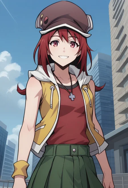 score_9, score_8_up, score_7_up, source_anime, highly detailed,
shikimisaki, 1girl, solo, hat, cabbie hat, red hair, red eyes, jacket, yellow jacket, sleeveless jacket, open jacket, open clothes, red shirt, wristband, yellow wristband, smile, green skirt,
outdoor, street, building, sky, cloud,