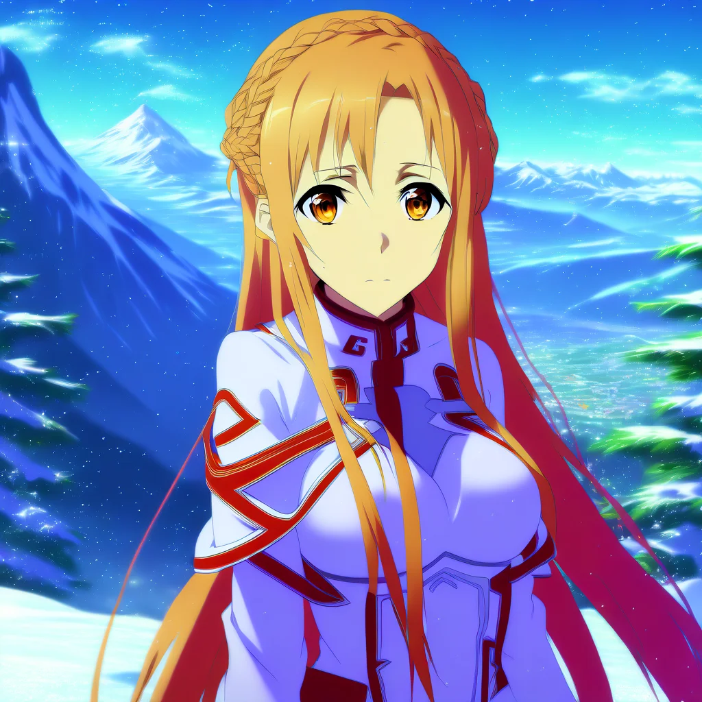 ((asuna)), ((masterpiece)), highres, asuna \(sao\), crown braid, light orange hair, looking at viewer, mountain, dutch-angle, snow, snowflakes