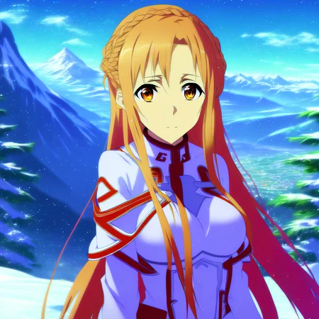 ((asuna)), ((masterpiece)), highres, asuna \(sao\), crown braid, light orange hair, looking at viewer, mountain, dutch-angle, snow, snowflakes