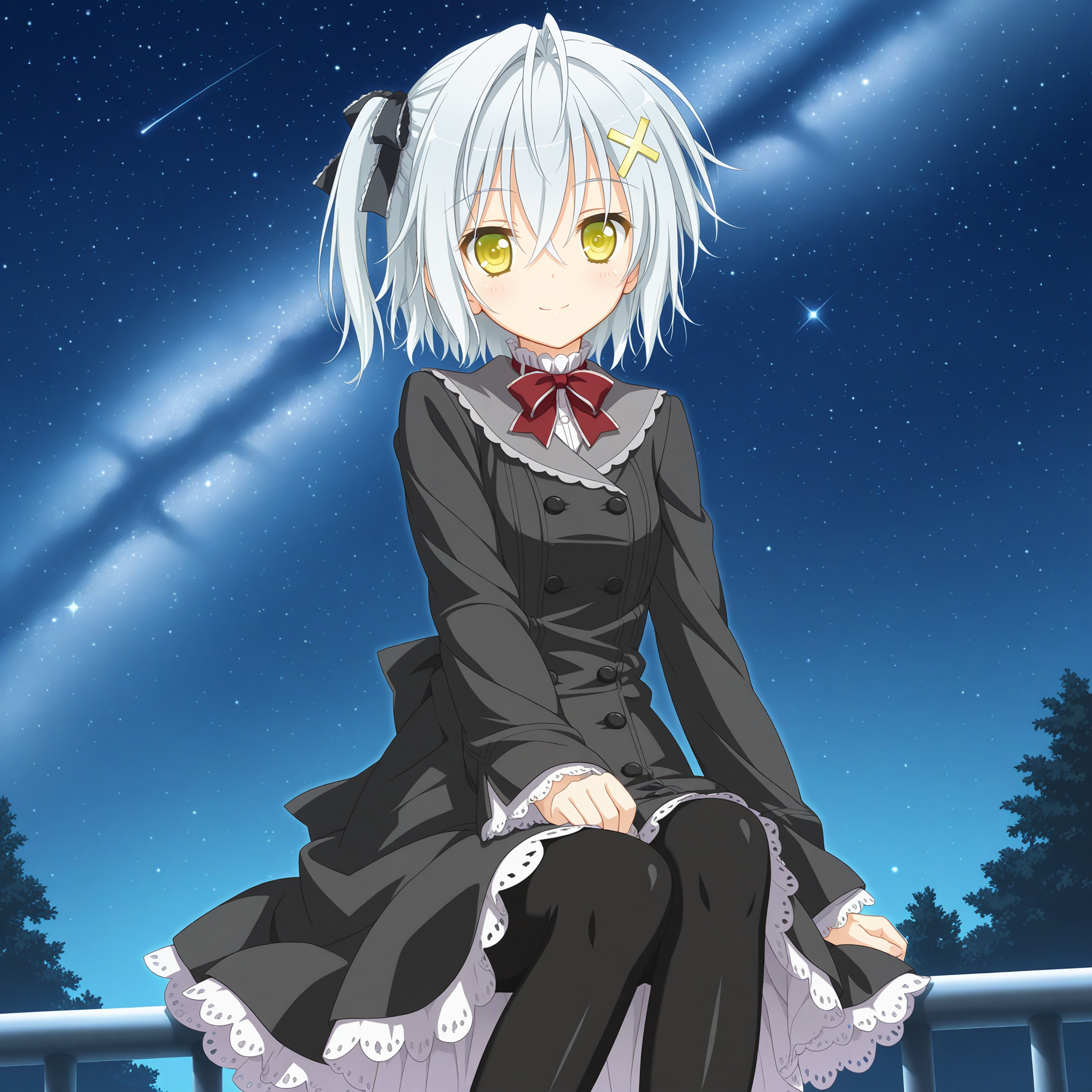 <lora:Hotaru_Rinne_5_nai-000008:1>,official art,
Hotaru Rinne,white hair,x hair ornament,one side up,hair ribbon,black ribbon,
black pantyhose,black dress,frilled dress,long sleeves,frilled sleeves,grey sailor collar,red bowtie,buttons,
1girl,solo,smile,looking at viewer,sitting,on railing,starry sky,night,milky way,